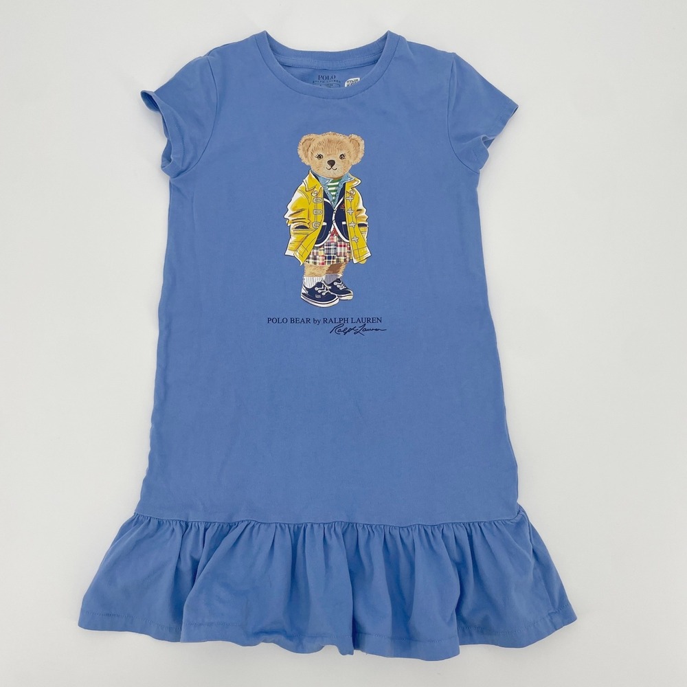 Polo Ralph Lauren Girls Blue Polo Bear Ruffle Hem Cotton Jersey Dress Size 6